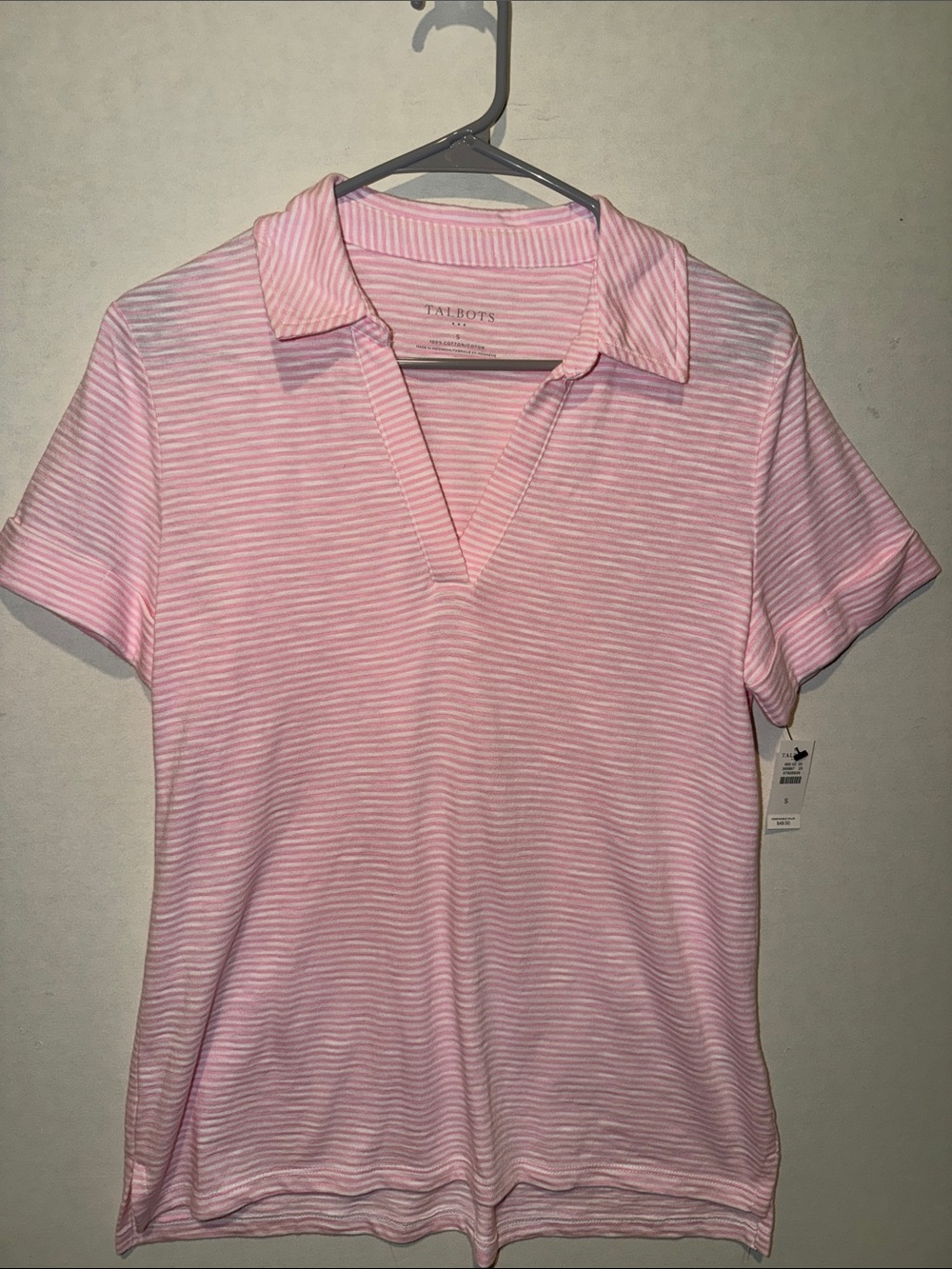 Talbots Pink Striped Collared V-Neck Short Sleeve Tee